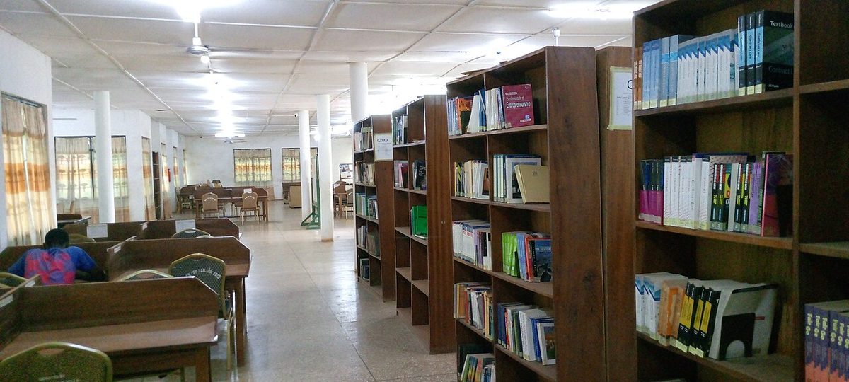 Shelves of textbooks and reading desks in the Kwame Nkrumah Centenary Library, Tamale, Ghana