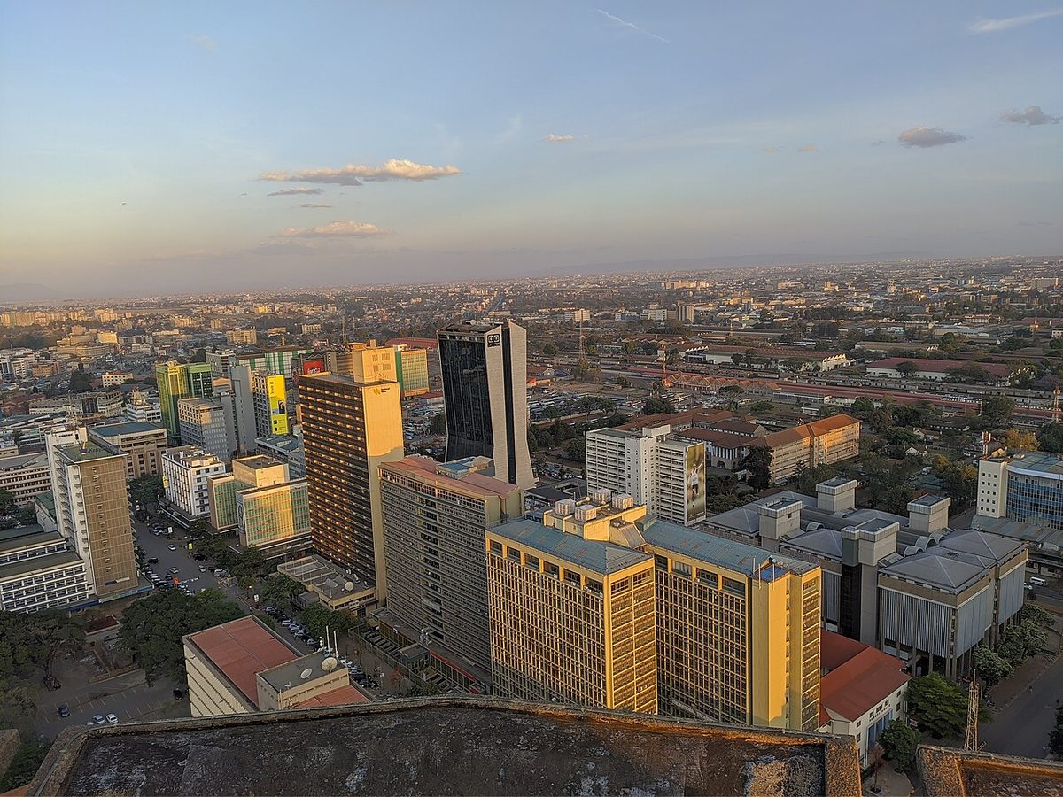 Aerial view of the Nairobi central business district at golden hour, seen from the rooftop of the Kenyatta International Convention Centre